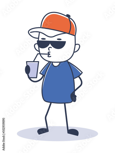 a guy with dark glasses and a red cap drinks from a straw. healthy eating