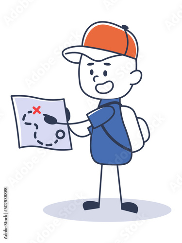 the guy in the red cap looks at the map with a plan in surprise