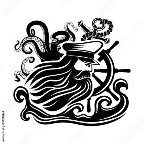 Nautical icon with ship captain and anchor with octopus isolated on white background.