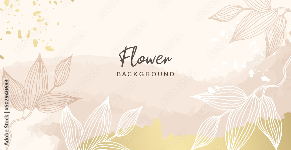 Abstract floral background. Luxury blossom wallpaper with flowers, leaves. Gold and watercolor warm tone texture. Vector illustration perfect for cover, print, decoration, banner