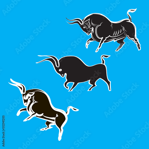 Three black silhouettes bulls with white contours. Terrible animals preparing to attack. Close-up on blue background. Side view. Spanish bullfight. Hand-drawn stylized buffaloes. Logo, farm trademark.