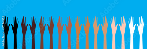 Horizontal banner. 8 pairs of hands raised up. Hands of different races and skin colors reach up. Palms up. Handbreadths with spread fingers. Body parts. Vector illustration on blue background.