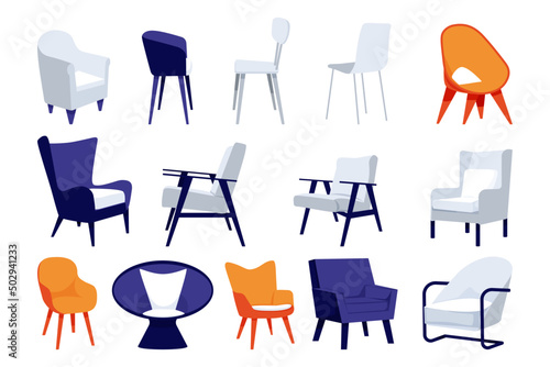 Modern chair and armchair big set with different design shape and size and color for home and office