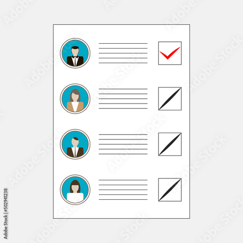 Completed ballot containing lists of candidates for elective office or political parties. Paper sheet for elections. Form with candidates avatars and lines for voting notes. Selection marked with tick