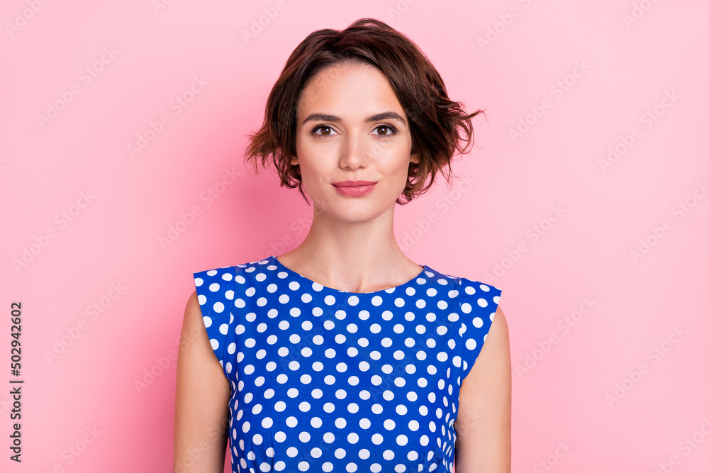 Fototapeta premium Photo of adorable young female in dotted blouse enjoy spring vacation holidays isolated on pink color background
