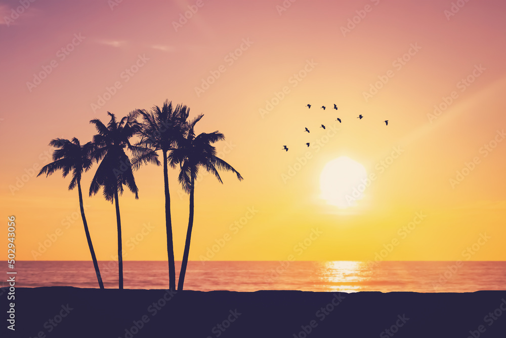 Silhouette palm tree at tropical beach with birds flying on sunset sky abstract background. Nature environment and travel freedom concept.