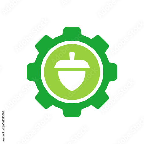 Gear acorn logo design, cogwheel and oak nut icon