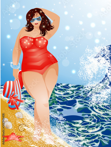 Plus size sexy woman on the beach, summer time vip card, vector illustration