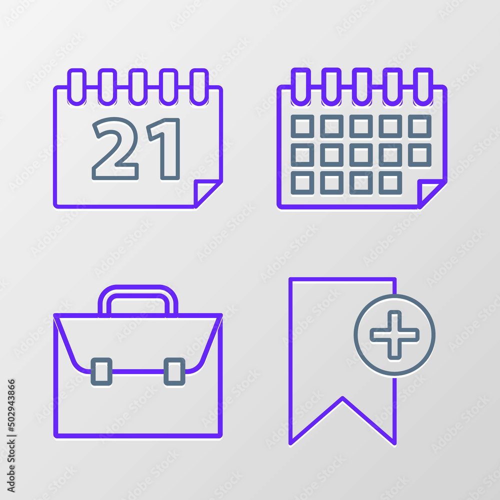 Set line Bookmark, Briefcase, Calendar and icon. Vector Set line Bookmark, Briefcase, Calendar and icon. Vector