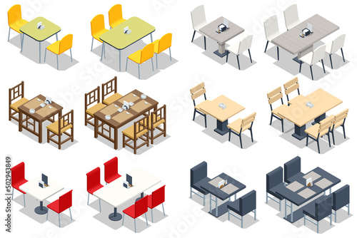 Isometric Set of Table and Chair Isolated on White Background. Fast Food Court, Restaurant Interior, Catering, Shopping Mall photo