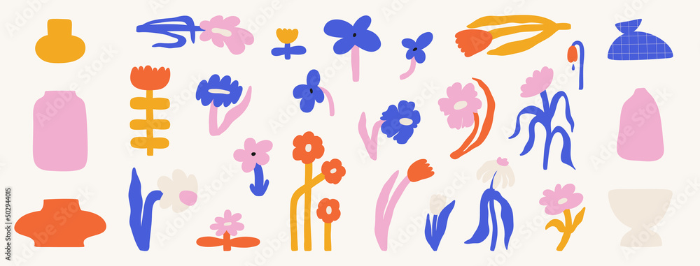 Large set of abstract bold flowers and vases. Floral spring-summer ...