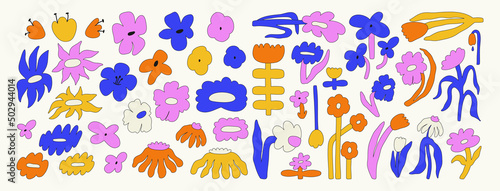 Large set of abstract bold flower buds and flowers on stems. Floral spring-summer collection. Bright vector illustration of flowers with an outline. Naive art, Infantile Style Art. Isolated elements