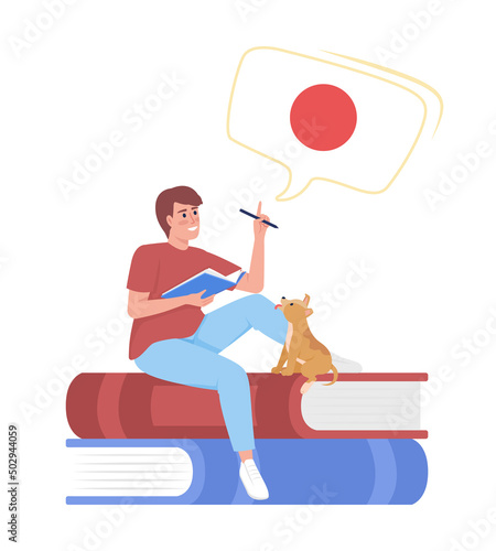 Young man learning japanese by himself semi flat color vector character. Sitting figure. Full body person on white. Simple cartoon style illustration for web graphic design and animation