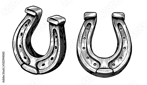 Horseshoe hand drawn engraving style. Vintage sketch isolated on white background. Vector illustration