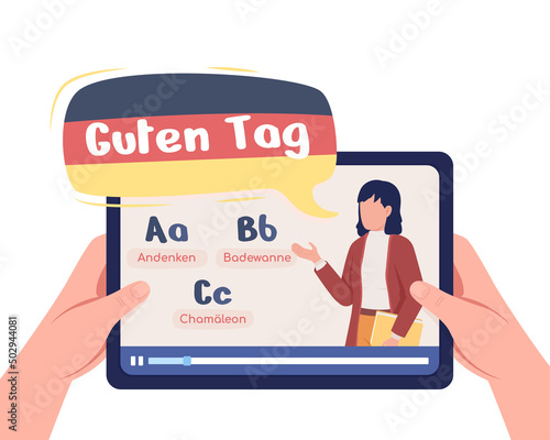 Student learns German language with professional teacher online semi flat color vector characters. First view hand on white. Simple cartoon style illustration. Nerko One Regular, Comfortaa fonts used