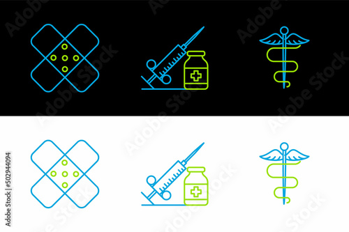 Set line Caduceus snake medical symbol, Crossed bandage plaster and Medical syringe with needle vial or ampoule icon. Vector
