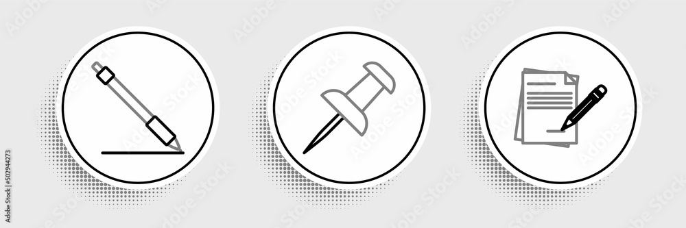 Set line Blank notebook and pencil with eraser, Pen line and Push pin icon. Vector Set line Blank notebook and pencil with eraser, Pen line and Push pin icon. Vector