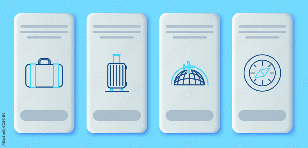 Set line Suitcase for travel, Globe with flying plane, and Compass icon. Vector Set line Suitcase for travel, Globe with flying plane, and Compass icon. Vector