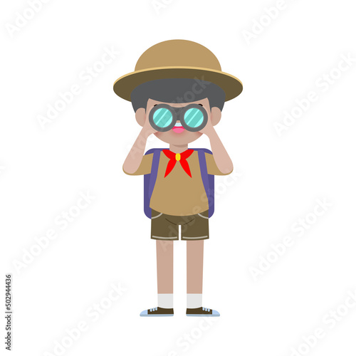 Happy cute little kid wear scout honor uniform, children girl scout cartoon flat character isolated vector illustration on white background