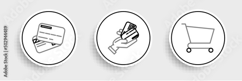 Set line Shopping cart, Credit card and Human hand holding with credit icon. Vector