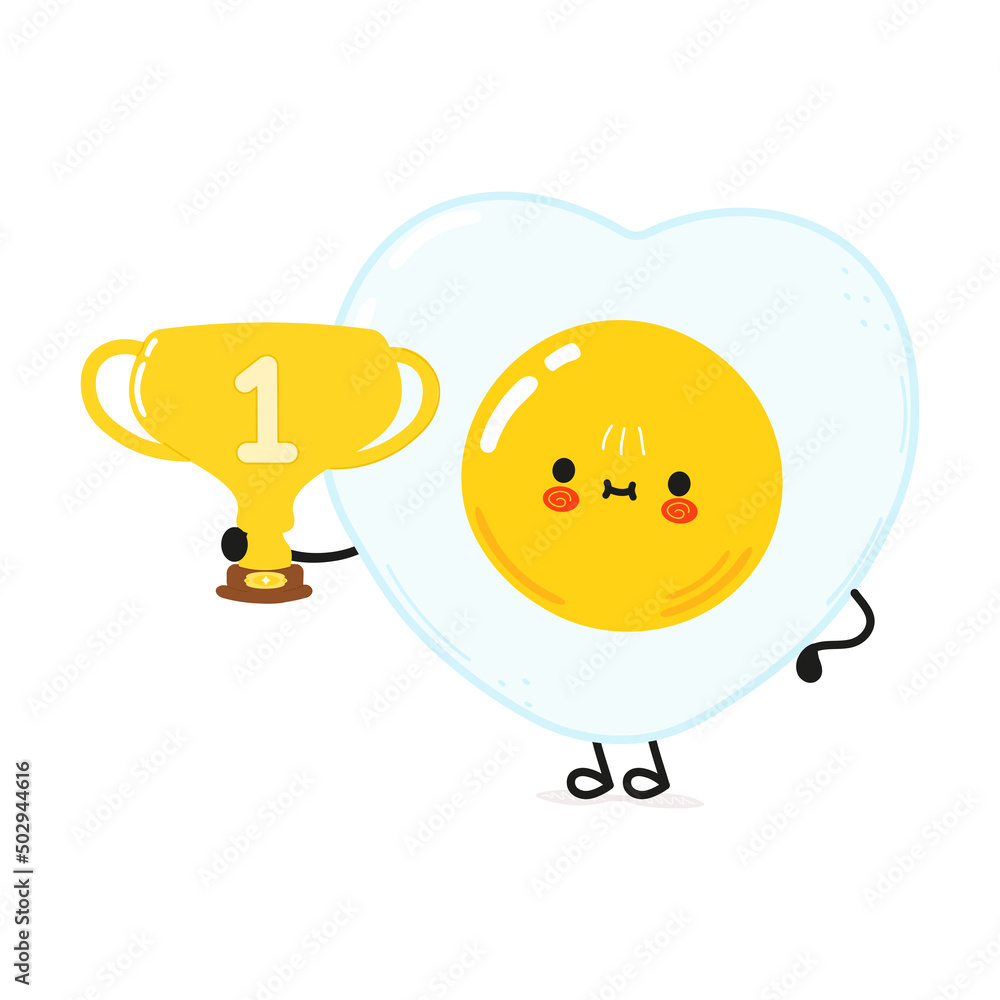 Cute funny fried egg hold gold trophy cup. Vector hand drawn cartoon kawaii character illustration icon. Isolated on white background. Fried egg with winner trophy cup Cute funny fried egg hold gold trophy cup. Vector hand drawn cartoon kawaii character illustration icon. Isolated on white background. Fried egg with winner trophy cup