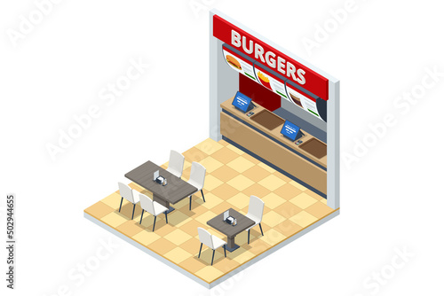 Isometric Fast Food Court Burger, Restaurant Interior, Catering, Shopping Mall