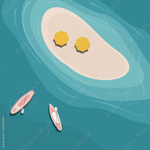 Tropical summer landscape of the island, coast with sup boards, sandy beach on a beautiful sunny day. Flat vector illustration.
