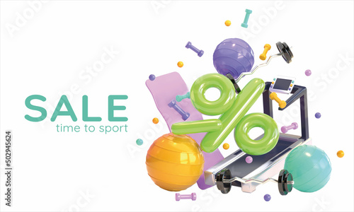 Online gym aerobic banner concept for sale with 3d realistic treadmill, dumbbells, barbell, fitball and yoga mat on white background. Vector illustration with render