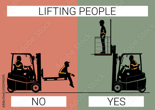 Forklift lifting people rules. Silhouette of a forklift with operators. Side view. Vector.