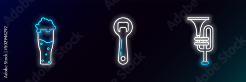 Set line Musical instrument trumpet, Glass of beer and Bottle opener icon. Glowing neon. Vector