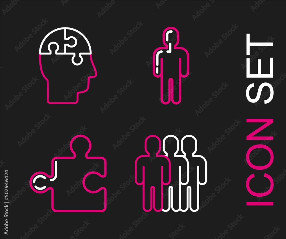 Set line Users group, Piece of puzzle, man in business suit and Human head puzzles strategy icon. Vector Set line Users group, Piece of puzzle, man in business suit and Human head puzzles strategy icon. Vector