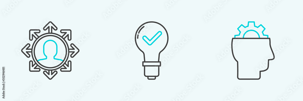 Set line Human with gear inside, Project team base and Light bulb and check mark icon. Vector Set line Human with gear inside, Project team base and Light bulb and check mark icon. Vector