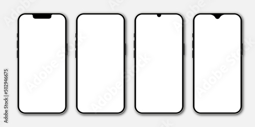 Set of realistic models smartphone with transparent screens. Smartphone mockup collection. Phone mockup in front. Mobile phone with shadow. Realistic, flat and line style. Vector EPS 10 photo