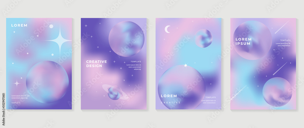 Abstract pink gradient fluid cover template. Set of galaxy poster with planet, star, sparkling, moon, vibrant color, hologram. Minimalist design for flyer brochure, background, wallpaper, banner. - obrazy, fototapety, plakaty 