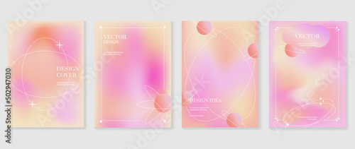 Abstract pink gradient fluid cover template. Set of galaxy poster with planet, star, sparkling, moon, vibrant color, hologram. Minimalist design for flyer brochure, background, wallpaper, banner.