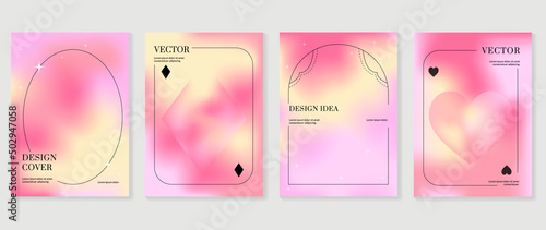 Abstract pink gradient fluid cover template. Set of galaxy poster with planet, star, sparkling, moon, vibrant color, hologram. Minimalist design for flyer brochure, background, wallpaper, banner.