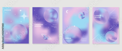 Abstract pink gradient fluid cover template. Set of galaxy poster with planet, star, sparkling, moon, vibrant color, hologram. Minimalist design for flyer brochure, background, wallpaper, banner.