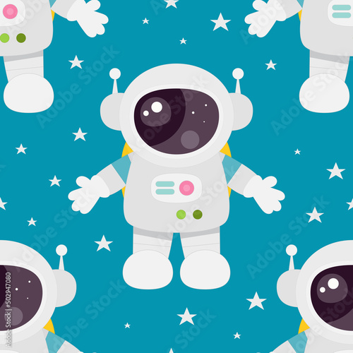 Outer Space Seamless Pattern – Astronaut in Space. Vector Illustration. Great for baby clothes, nursery decor, wrapping paper.