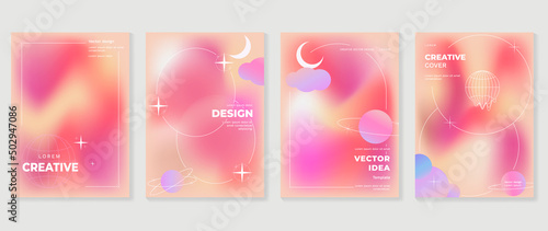 Abstract pink gradient fluid cover template. Set of galaxy poster with planet, star, sparkling, moon, vibrant color, hologram. Minimalist design for flyer brochure, background, wallpaper, banner.