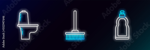 Set line Plastic bottles for liquid dishwashing liquid, Toilet bowl and Mop icon. Glowing neon. Vector