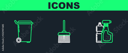 Set line Plastic bottles for liquid dishwashing liquid, Trash can and Handle broom icon. Vector