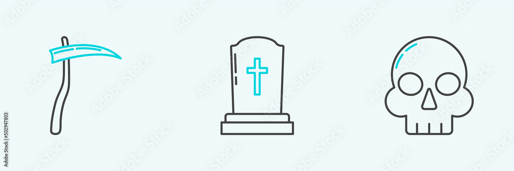 Set line Skull, Scythe and Tombstone with cross icon. Vector Set line Skull, Scythe and Tombstone with cross icon. Vector