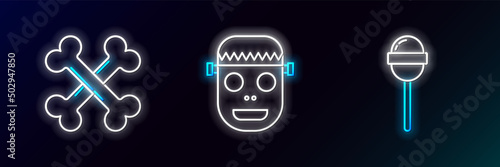 Set line Lollipop, Crossed bones and Zombie mask icon. Glowing neon. Vector