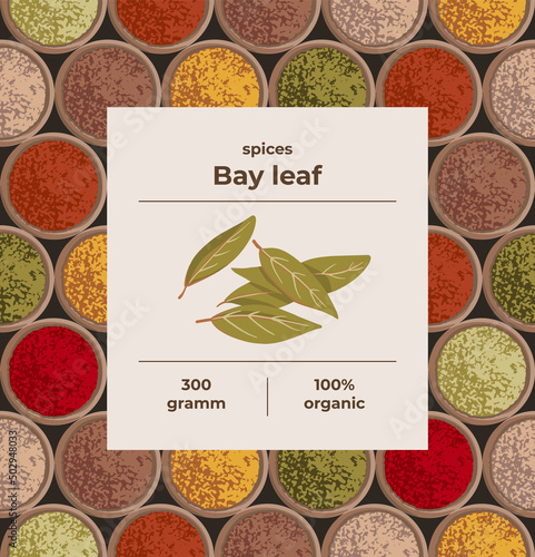 Bay leaves seasoning concept for packaging condiments. Seamless background and label. 