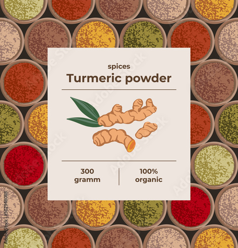 Turmeric spice concept for packaging condiments. Seamless background and label. 