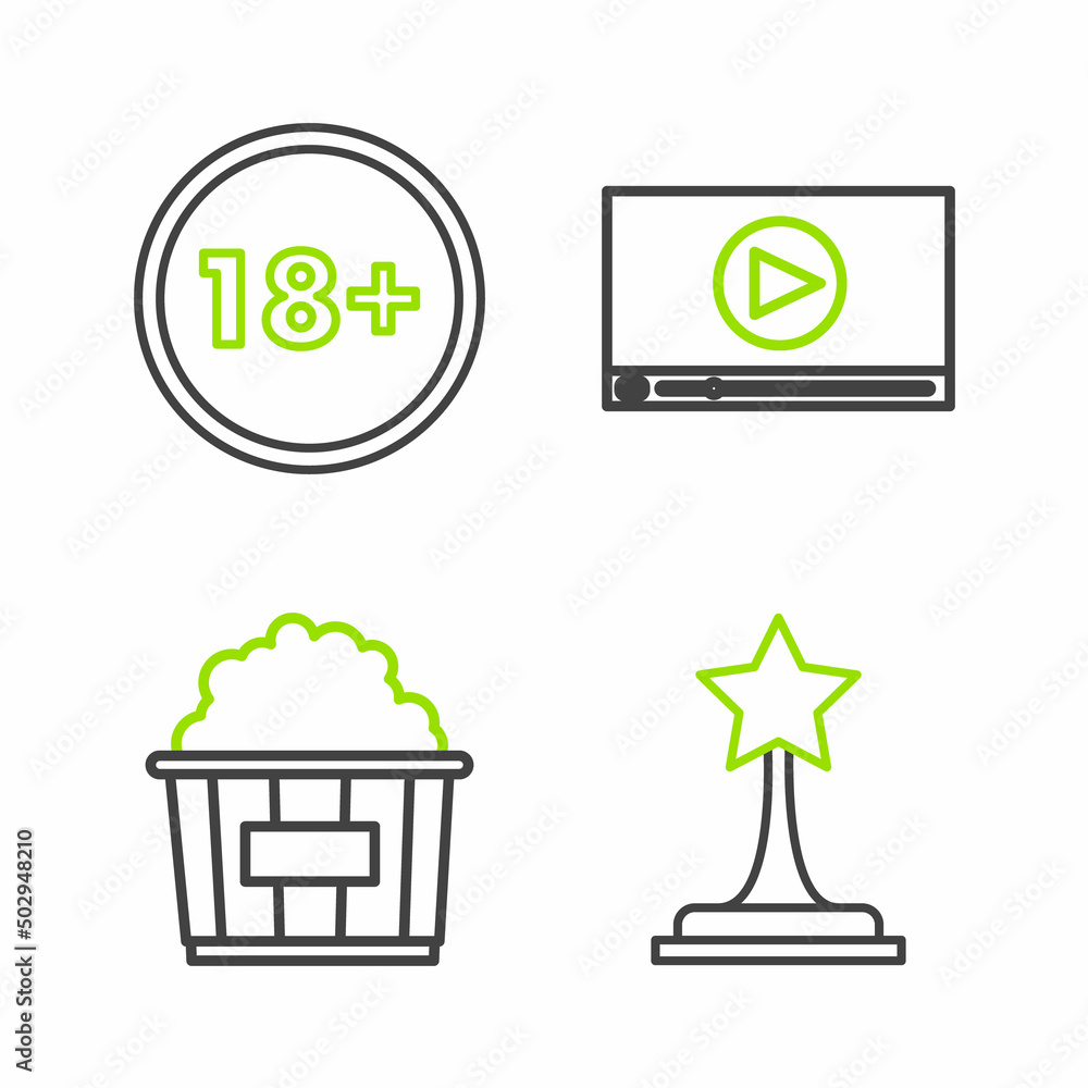 Set line Movie trophy, Popcorn in cardboard box, Online play video and Under 18 years icon. Vector Set line Movie trophy, Popcorn in cardboard box, Online play video and Under 18 years icon. Vector