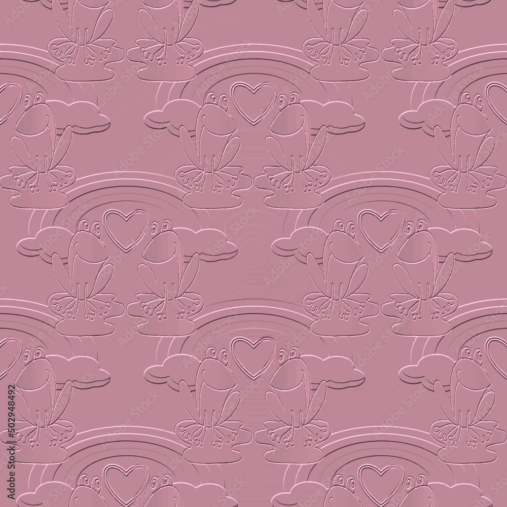 Pink textured cartoon 3d seamless pattern. Embossed fairytale love background. Repeat relief vector backdrop. Emboss surface 3d ornaments with frogs, love hearts, clouds, rainbow. Embossing texture Pink textured cartoon 3d seamless pattern. Embossed fairytale love background. Repeat relief vector backdrop. Emboss surface 3d ornaments with frogs, love hearts, clouds, rainbow. Embossing texture