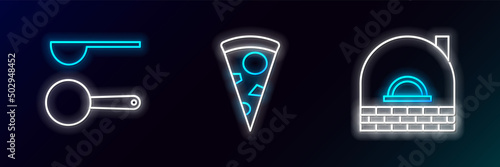Set line Brick stove, Measuring spoon and Slice of pizza icon. Glowing neon. Vector