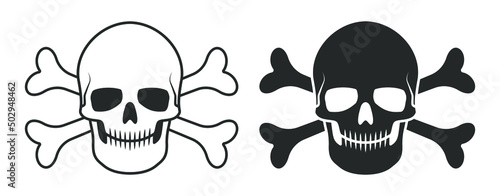 Skull and crossbones vector illustration. Poison label. Pirate flag image. Human head skeleton icon. photo