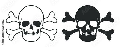 Skull and crossbones vector illustration. Poison label. Pirate flag image. Human head skeleton icon.